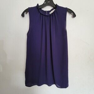 LOFT Blue Violet Ruffle Pleated Neckline Sleeveless Blouse Top Size XS
